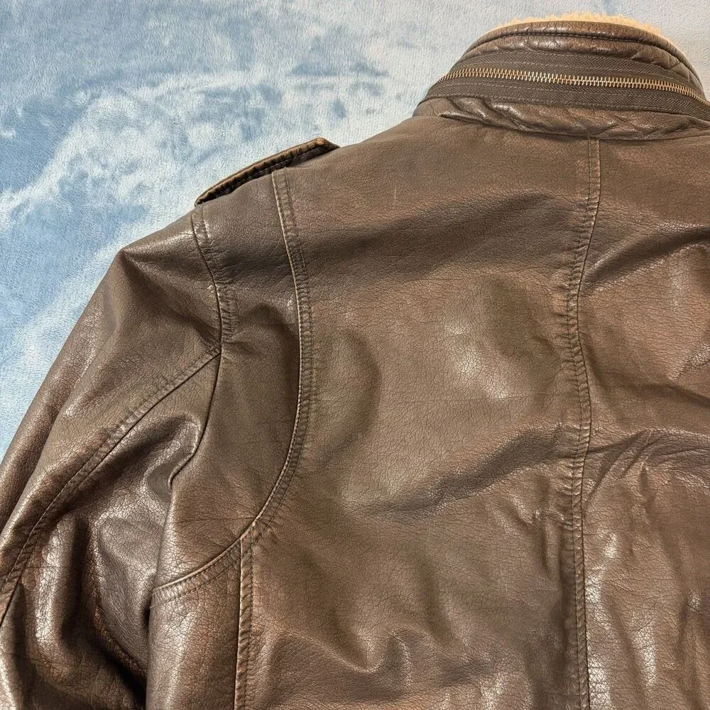 Levis Mens Faux Leather Sherpa Jacket XL Brown Aviator Bomber Utility NO PEELING